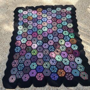 Vintage Handmade Colorful Crochet Blanket Scalloped Trim